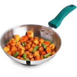 The Indus Valley Stainless Steel 3-Layer Bottom Fry Pan with Green Bakelite Handle - 8.2 inch Fry Pan 20.9 cm diameter 0.85 L capacity  (Stainless Steel, Induction Bottom)